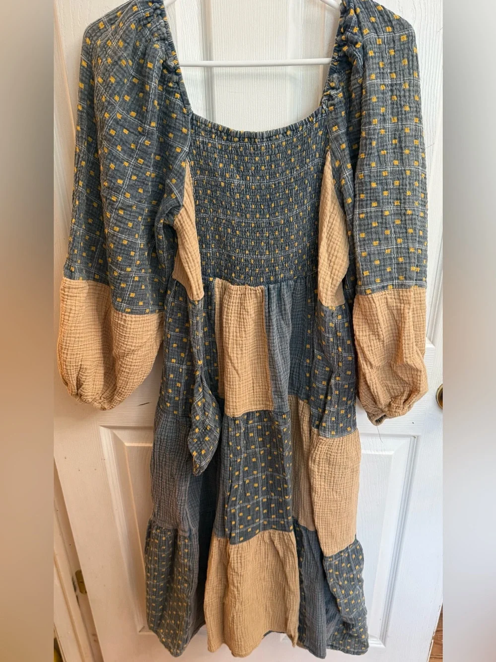 Easel ED27367 Teal Khaki Patchwork Washed Cotton Gauze Dress Size Small
